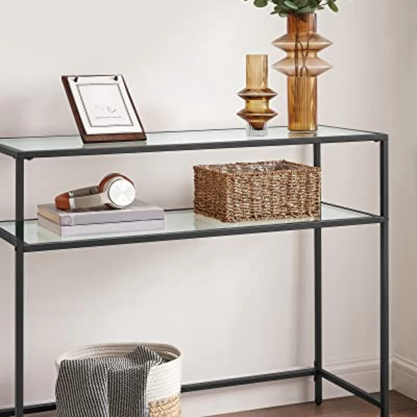 Moderne Consoletafel Met Stalen Frame En Gehard Glazen Planken, Voor Woonkamer/hal 2 Moderne Consoletafel Met Stalen Frame En Gehard Glazen Planken, Voor Woonkamer/hal - Afbeelding 2