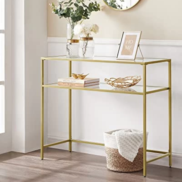 Gouden Console Tafel - Modern 2 Planken Gehard Glas Met/Metalen Frame En Verstelbare Voeten 1 Gouden Console Tafel - Modern 2 Planken Gehard Glas Met/Metalen Frame En Verstelbare Voeten