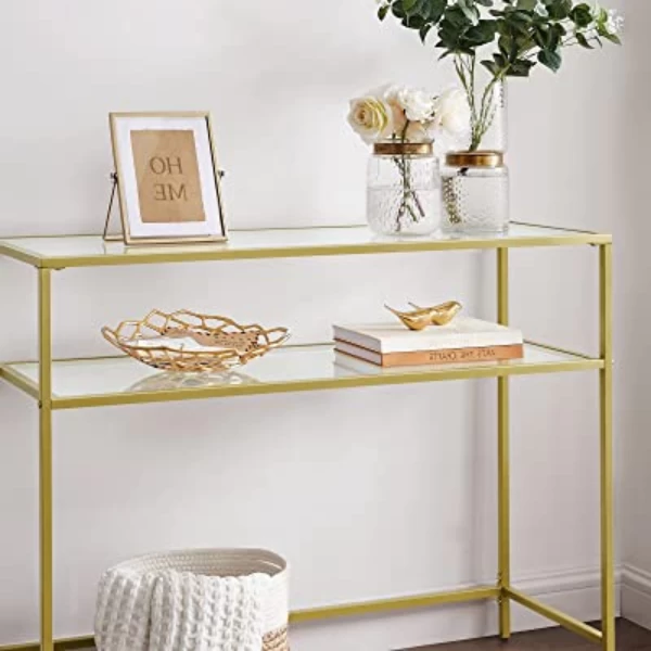 Gouden Console Tafel - Modern 2 Planken Gehard Glas Met/Metalen Frame En Verstelbare Voeten 2 Gouden Console Tafel - Modern 2 Planken Gehard Glas Met/Metalen Frame En Verstelbare Voeten - Afbeelding 2