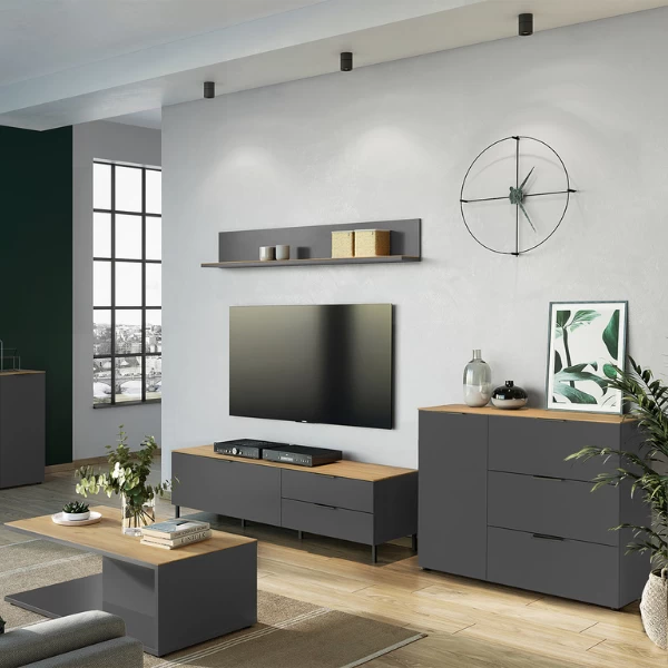 Wandkast Calista 109cm 1 Deur & 3 Lades - Antraciet/eik 4 Wandkast Calista 109cm 1 Deur & 3 Lades - Antraciet/eik - Afbeelding 4