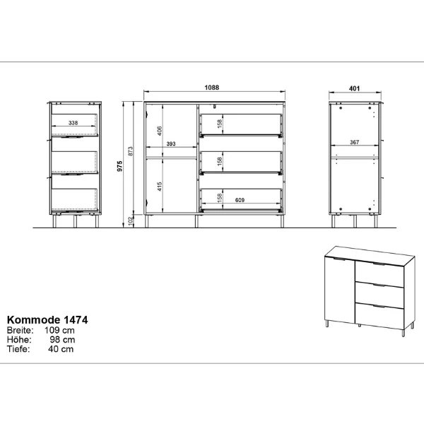Wandkast Calista 109cm 1 Deur & 3 Lades - Antraciet/eik 2 Wandkast Calista 109cm 1 Deur & 3 Lades - Antraciet/eik - Afbeelding 2