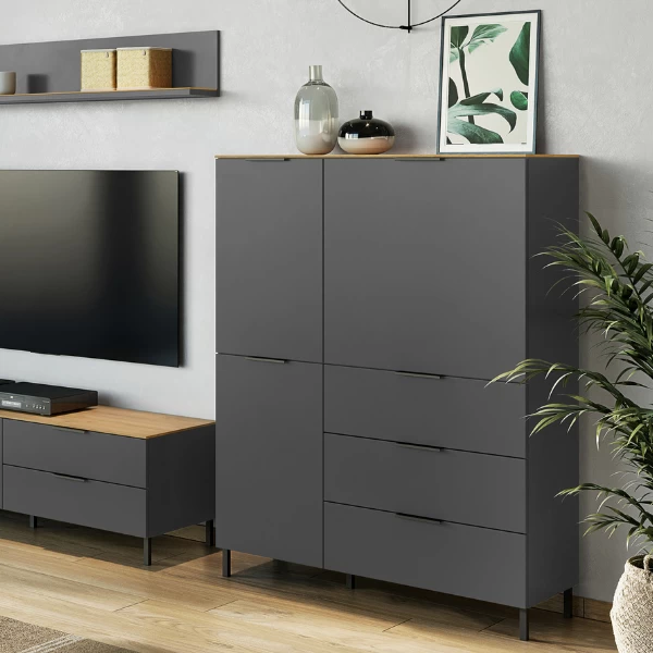 Buffetkast Calista 109cm 2 Deuren & 3 Lades - Antraciet/eik 1 Buffetkast Calista 109cm 2 Deuren & 3 Lades - Antraciet/eik