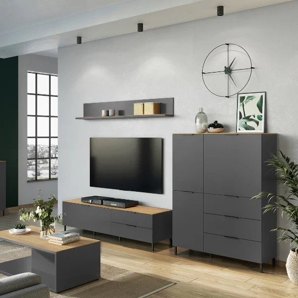 Buffetkast Calista 109cm 2 Deuren & 3 Lades - Antraciet/eik 2 Buffetkast Calista 109cm 2 Deuren & 3 Lades - Antraciet/eik - Afbeelding 2