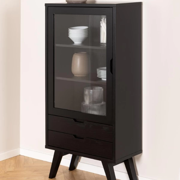 Zwart Eiken Sieg Vitrinekast: 2 Laden, Glazen Deur 1 Zwart Eiken Sieg Vitrinekast: 2 Laden, Glazen Deur