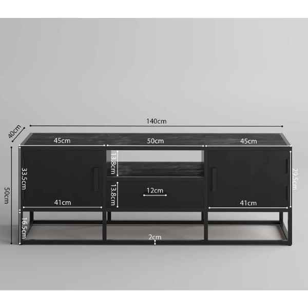 Madeira TV-meubel: 140cm Zwart Magnolia | Exotisch Hout En Metaal 2 Madeira TV-meubel: 140cm Zwart Magnolia | Exotisch Hout En Metaal - Afbeelding 2