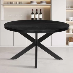 Maria 130cm Ronde Magnolia Tafel - Metalen Structuur, Zwart Exotisch Hout Top